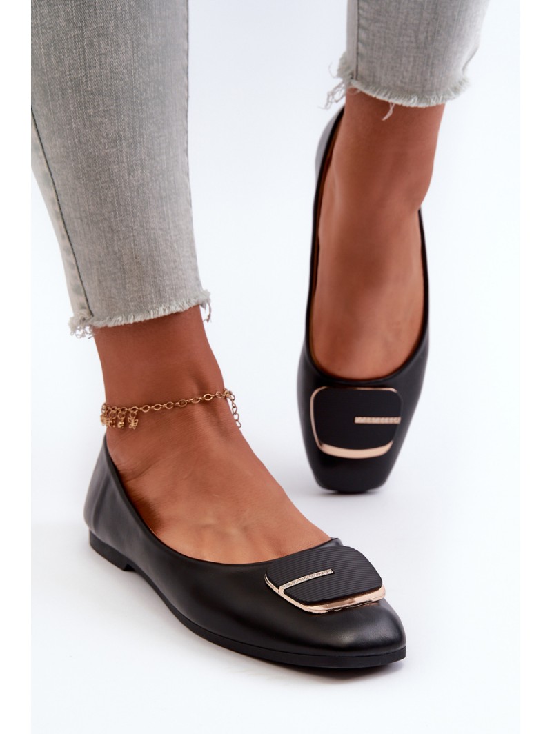 Women's Eco Leather Ballerina Flats with Decoration Black Edoslli