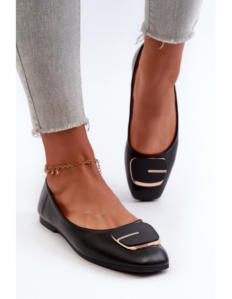 Women's Eco Leather Ballerina Flats with Decoration Black Edoslli