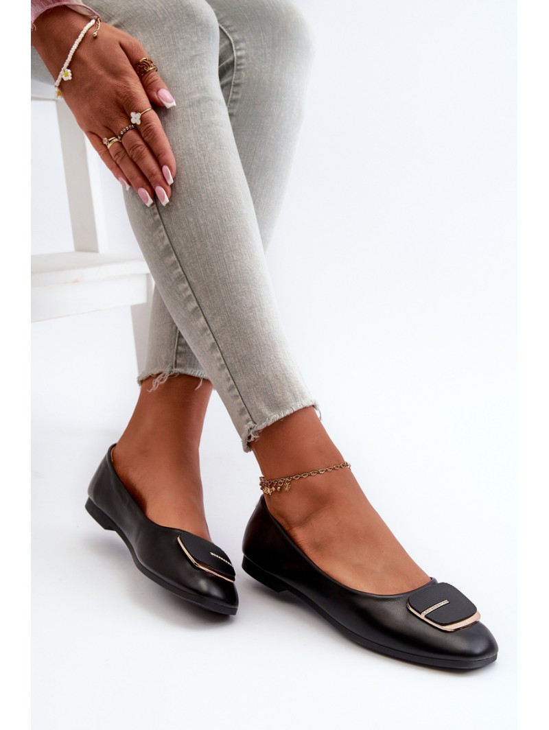 Women's Eco Leather Ballerina Flats with Decoration Black Edoslli