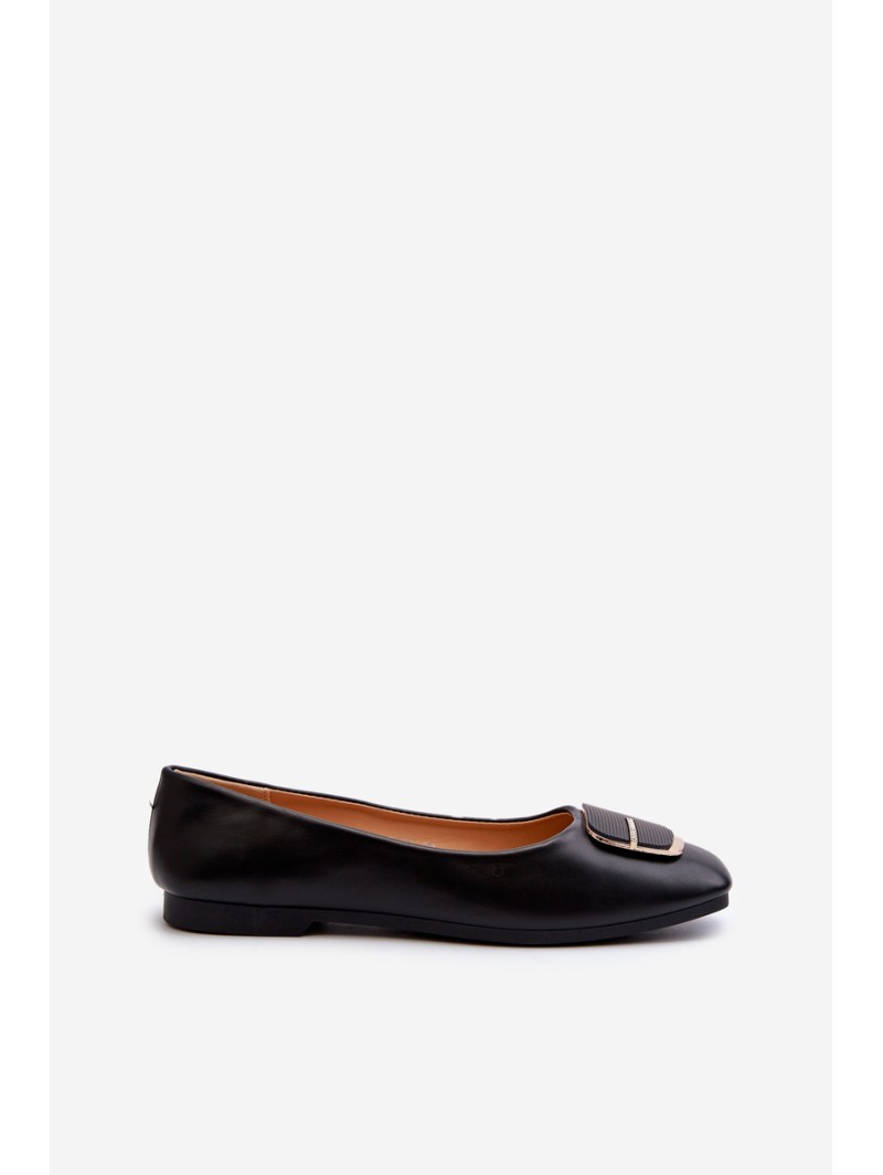 Women's Eco Leather Ballerina Flats with Decoration Black Edoslli