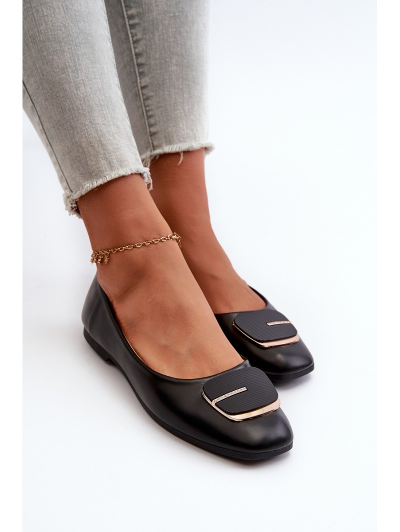 Women's Eco Leather Ballerina Flats with Decoration Black Edoslli