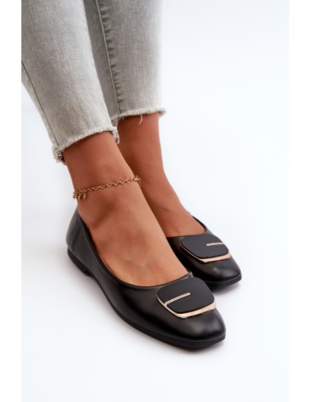 Women's Eco Leather Ballerina Flats with Decoration Black Edoslli