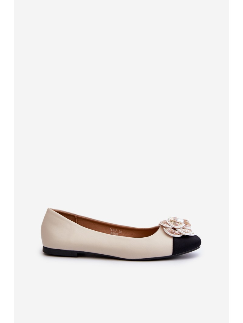 Women's Ballerina Flats in Beige Eco Leather with Decorative Detail Divinella