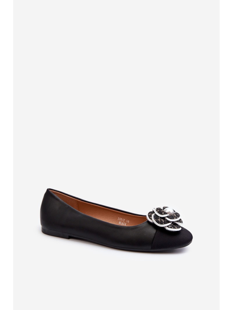 Women's Eco Leather Ballerina Flats with Decorative Detail Black Divinella