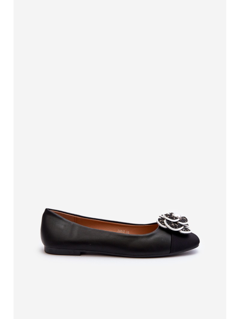 Women's Eco Leather Ballerina Flats with Decorative Detail Black Divinella