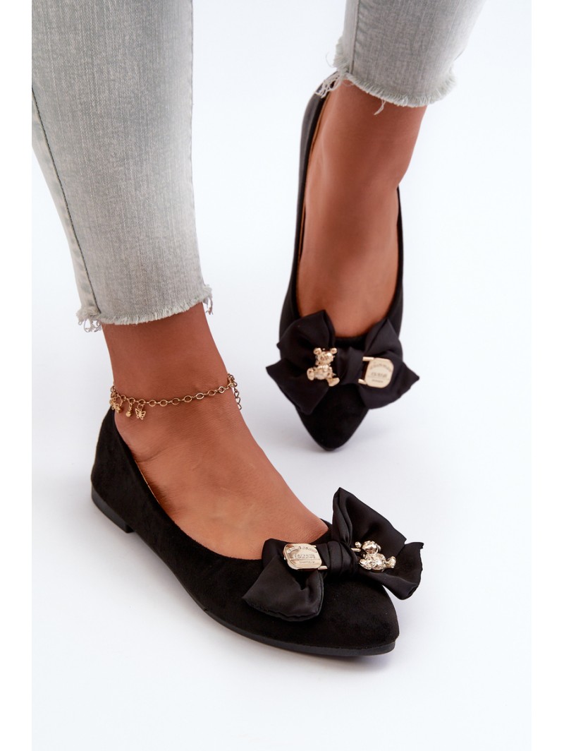 Women's Eco-Suede Ballerina Flats with Bow and Brooch Black Satris