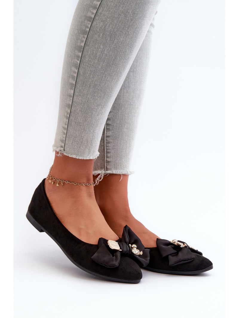 Women's Eco-Suede Ballerina Flats with Bow and Brooch Black Satris
