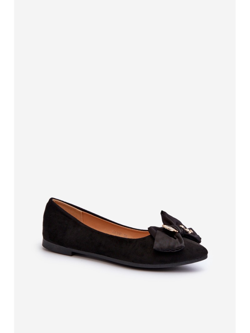 Women's Eco-Suede Ballerina Flats with Bow and Brooch Black Satris