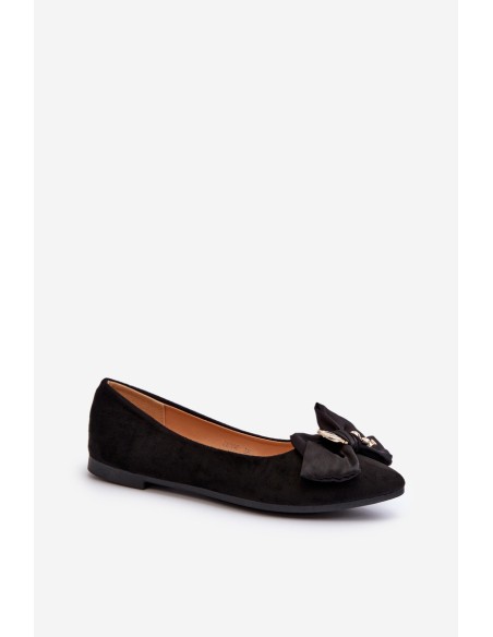 Women's Eco-Suede Ballerina Flats with Bow and Brooch Black Satris