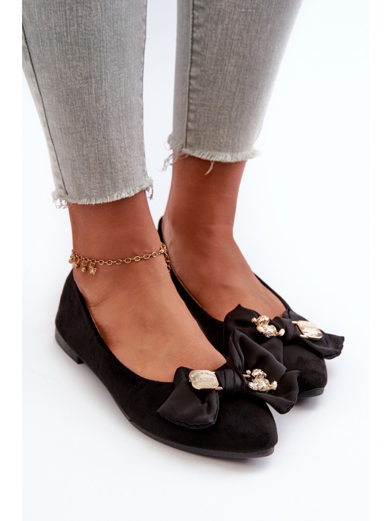Women's Eco-Suede Ballerina Flats with Bow and Brooch Black Satris