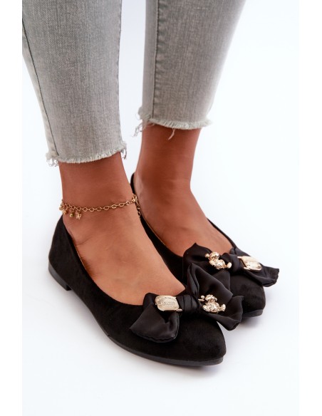 Women's Eco-Suede Ballerina Flats with Bow and Brooch Black Satris