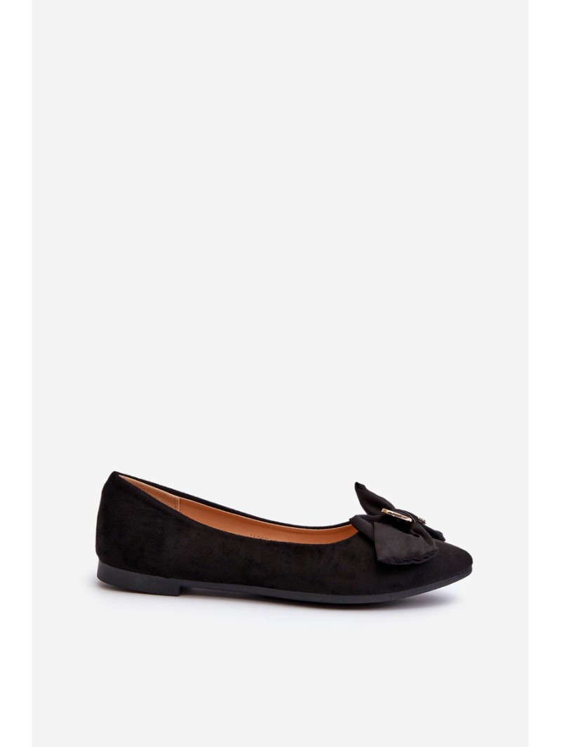 Women's Eco-Suede Ballerina Flats with Bow and Brooch Black Satris