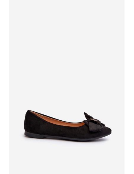 Women's Eco-Suede Ballerina Flats with Bow and Brooch Black Satris