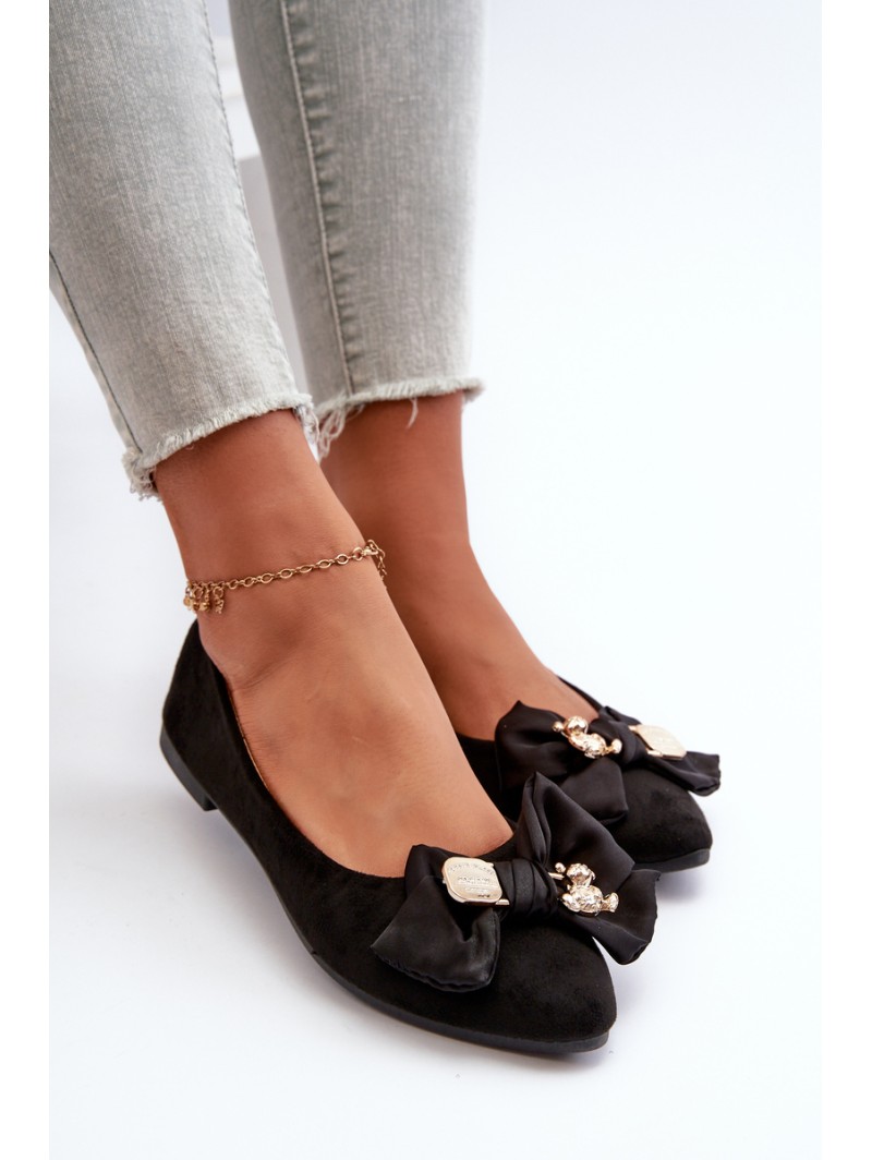 Women's Eco-Suede Ballerina Flats with Bow and Brooch Black Satris