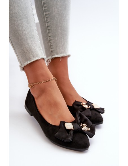 Women's Eco-Suede Ballerina Flats with Bow and Brooch Black Satris