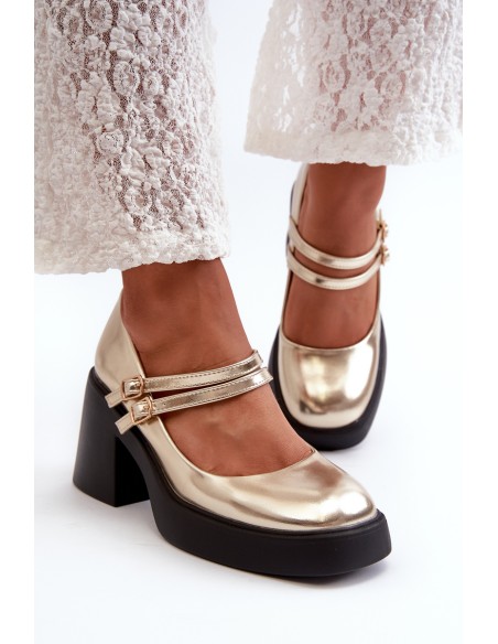 Faux Leather Pumps on Chunky Heel Gold Halmina