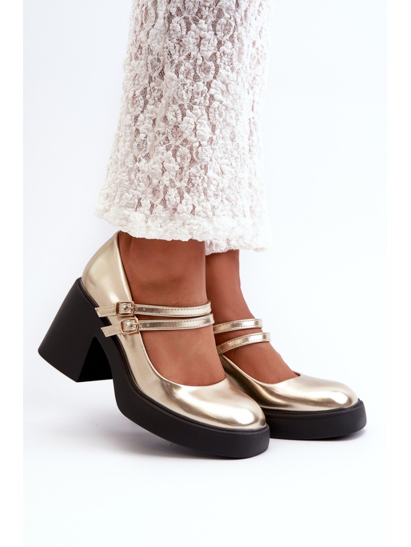 Faux Leather Pumps on Chunky Heel Gold Halmina