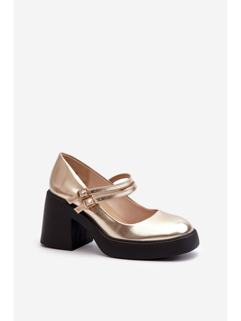 Faux Leather Pumps on Chunky Heel Gold Halmina