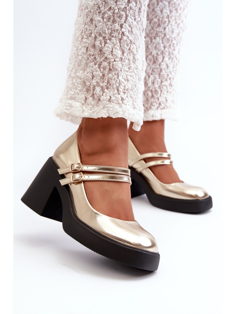 Faux Leather Pumps on Chunky Heel Gold Halmina