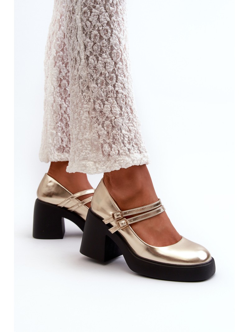 Faux Leather Pumps on Chunky Heel Gold Halmina
