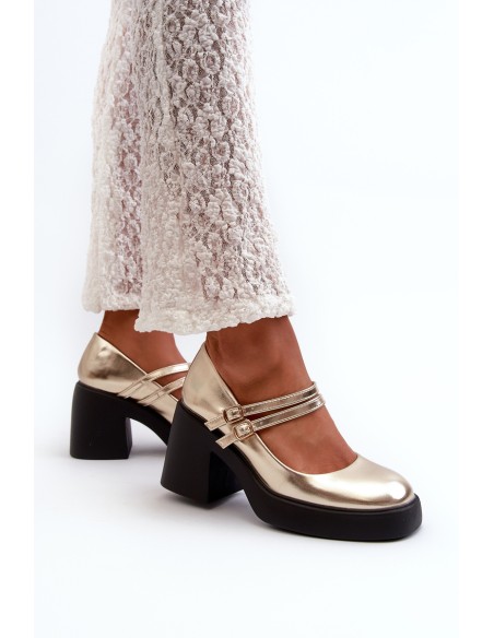 Faux Leather Pumps on Chunky Heel Gold Halmina