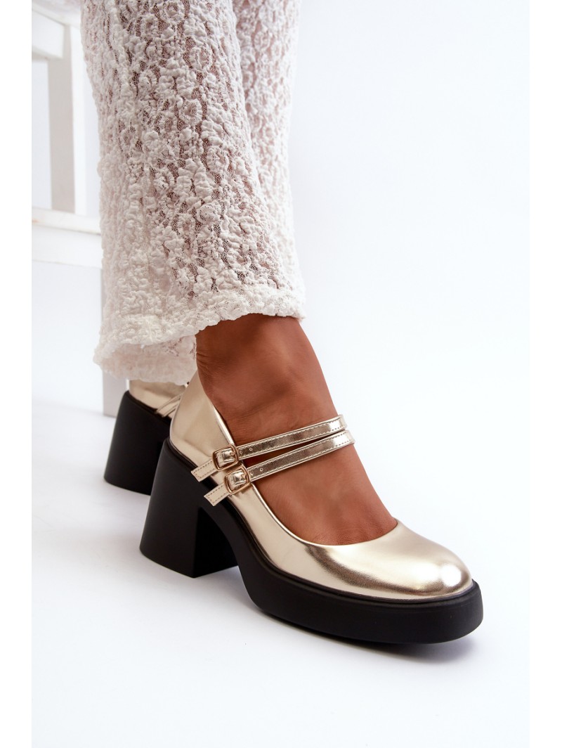 Faux Leather Pumps on Chunky Heel Gold Halmina