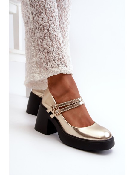 Faux Leather Pumps on Chunky Heel Gold Halmina