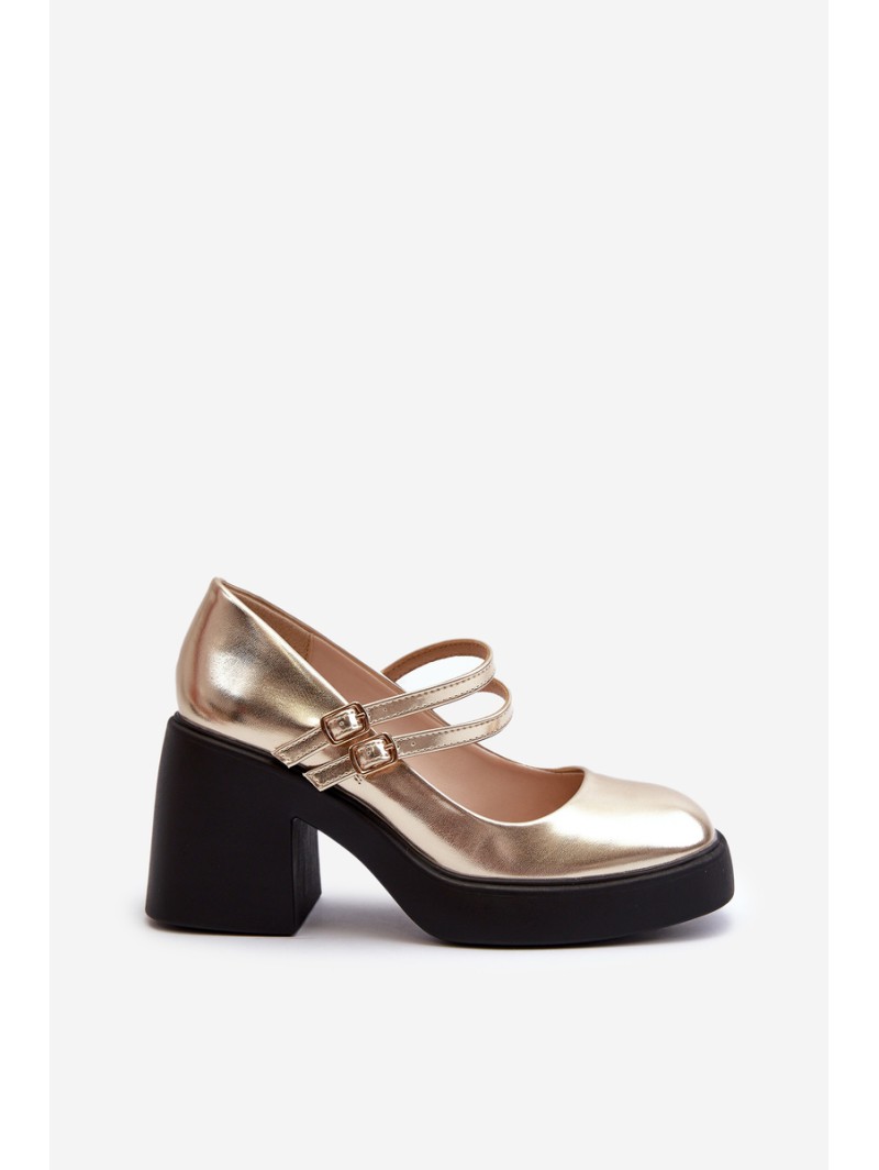 Faux Leather Pumps on Chunky Heel Gold Halmina