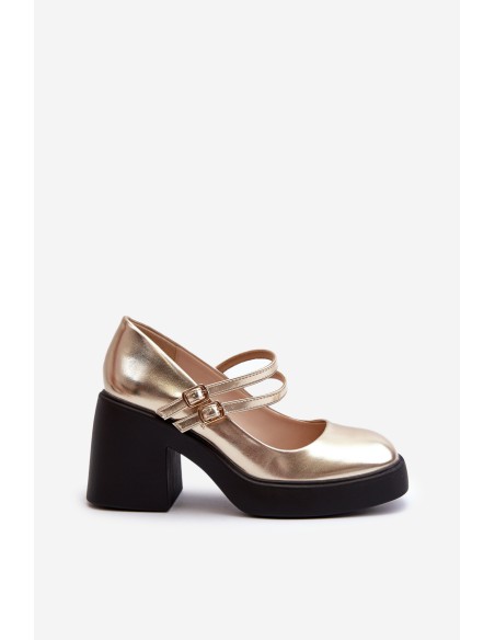 Faux Leather Pumps on Chunky Heel Gold Halmina