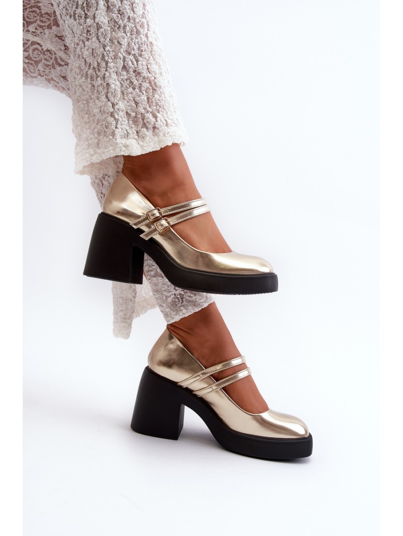 Faux Leather Pumps on Chunky Heel Gold Halmina