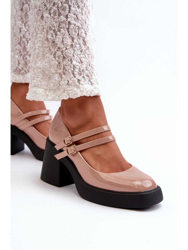 Dark Beige Patent Leather Pumps on Chunky Heel Halmina