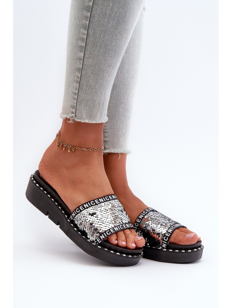 Women's Flip Flops With Sequins Black-Silver Rivanique