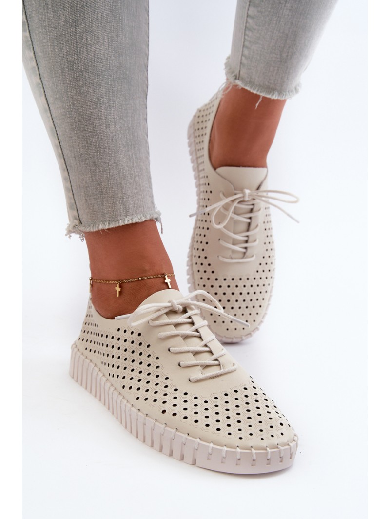 Leather Women's Sneakers with Lacy Pattern Beige Ilvima