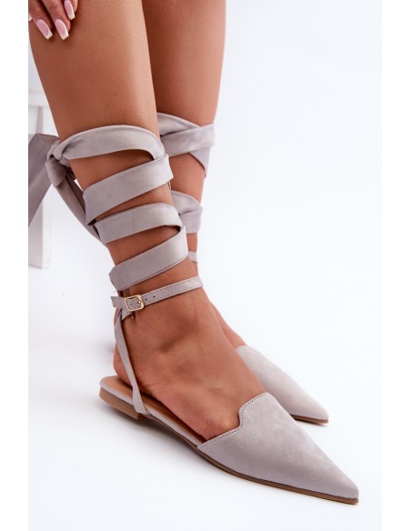 Tied Ballerina Flats Eco Suede With Pointed Toes Grey Ellesara