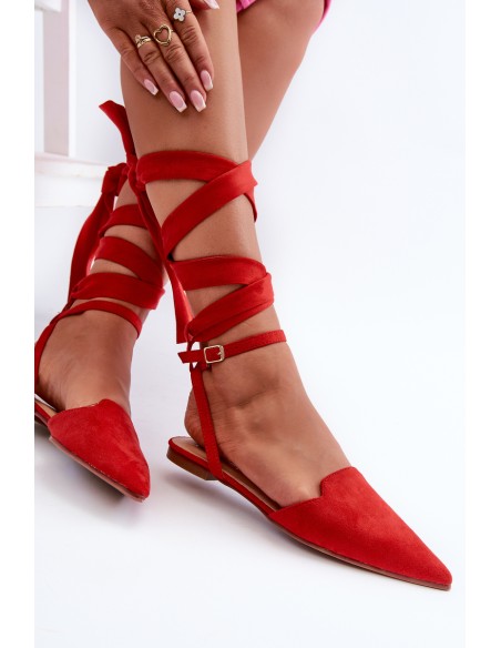 Lace-up ballerina flats in red faux suede with pointed toes Ellesara