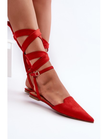 Lace-up ballerina flats in red faux suede with pointed toes Ellesara