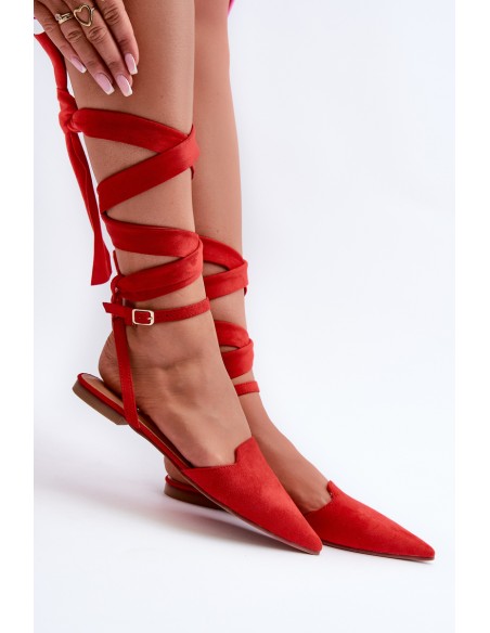 Lace-up ballerina flats in red faux suede with pointed toes Ellesara