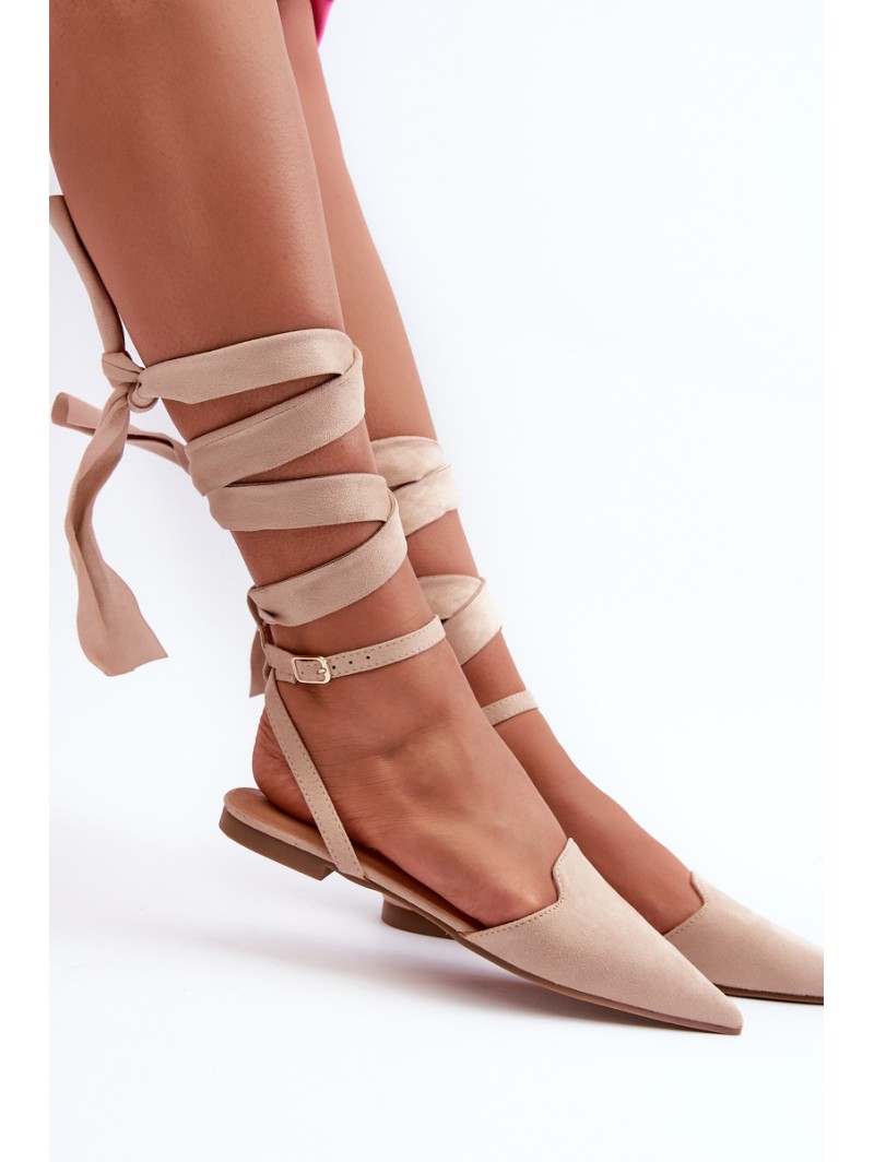 Lace-up Ballerina Flats in Beige Faux Suede with Pointed Toes Ellesara