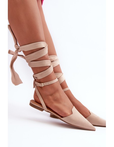 Lace-up Ballerina Flats in Beige Faux Suede with Pointed Toes Ellesara