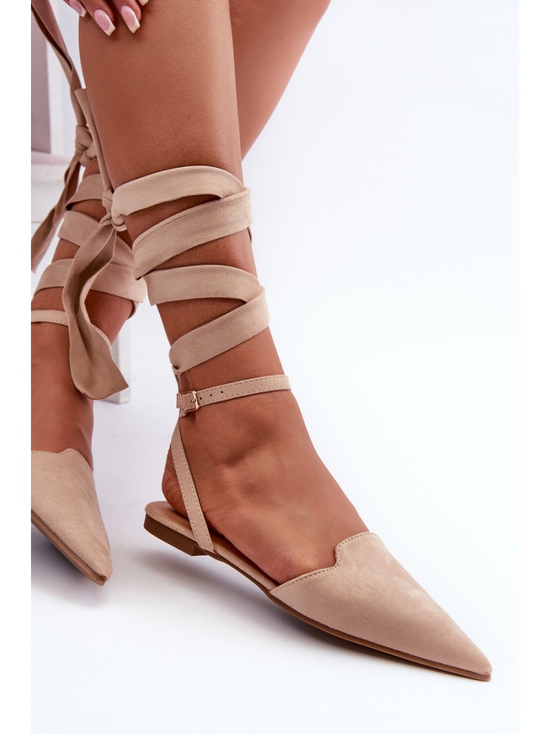 Lace-up Ballerina Flats in Beige Faux Suede with Pointed Toes Ellesara