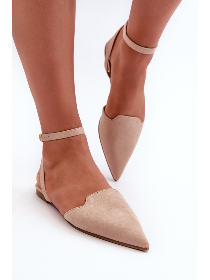 Lace-up Ballerina Flats in Beige Faux Suede with Pointed Toes Ellesara