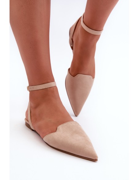 Lace-up Ballerina Flats in Beige Faux Suede with Pointed Toes Ellesara