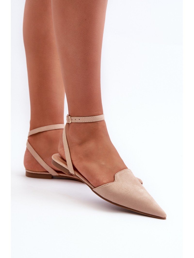 Lace-up Ballerina Flats in Beige Faux Suede with Pointed Toes Ellesara