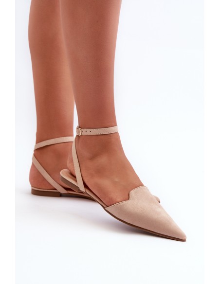Lace-up Ballerina Flats in Beige Faux Suede with Pointed Toes Ellesara