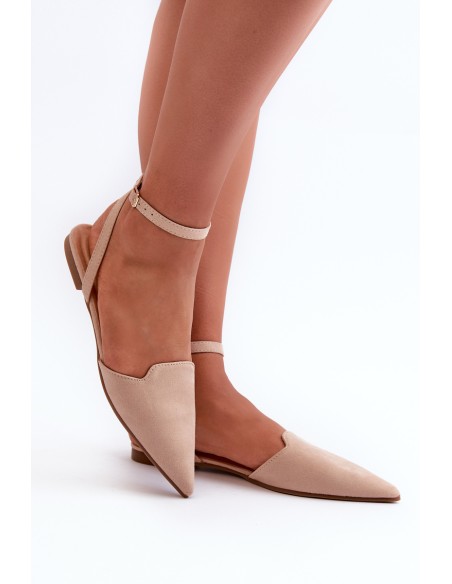 Lace-up Ballerina Flats in Beige Faux Suede with Pointed Toes Ellesara