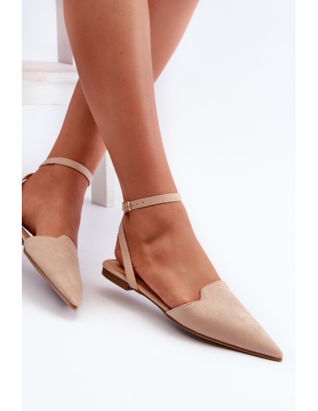 Lace-up Ballerina Flats in Beige Faux Suede with Pointed Toes Ellesara