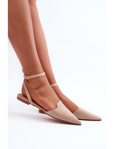 Lace-up Ballerina Flats in Beige Faux Suede with Pointed Toes Ellesara