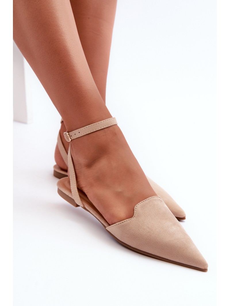 Lace-up Ballerina Flats in Beige Faux Suede with Pointed Toes Ellesara