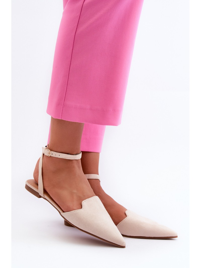 Lace-up Ballerina Flats in Faux Suede with Pointed Toes Beige Ellesara