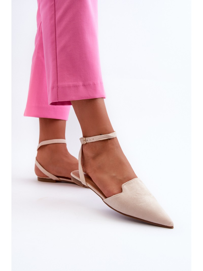 Lace-up Ballerina Flats in Faux Suede with Pointed Toes Beige Ellesara